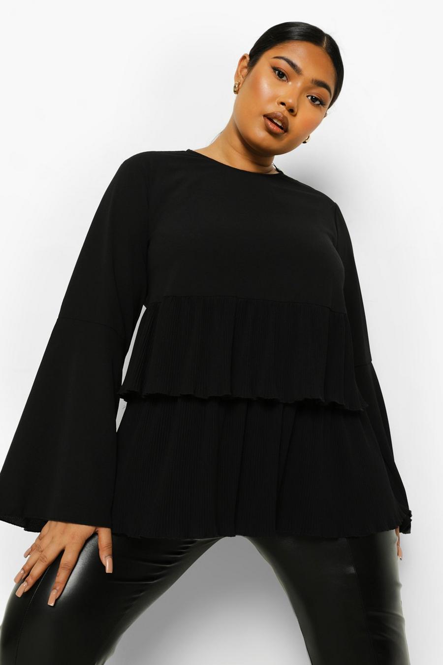 Black Plus Tiered Pleated Ruffle Smock Top image number 1