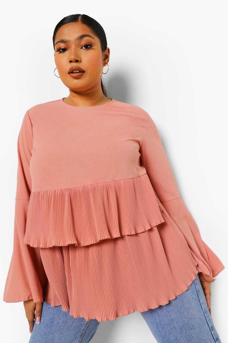 Dusty rose Plus Tiered Pleated Ruffle Smock Top image number 1