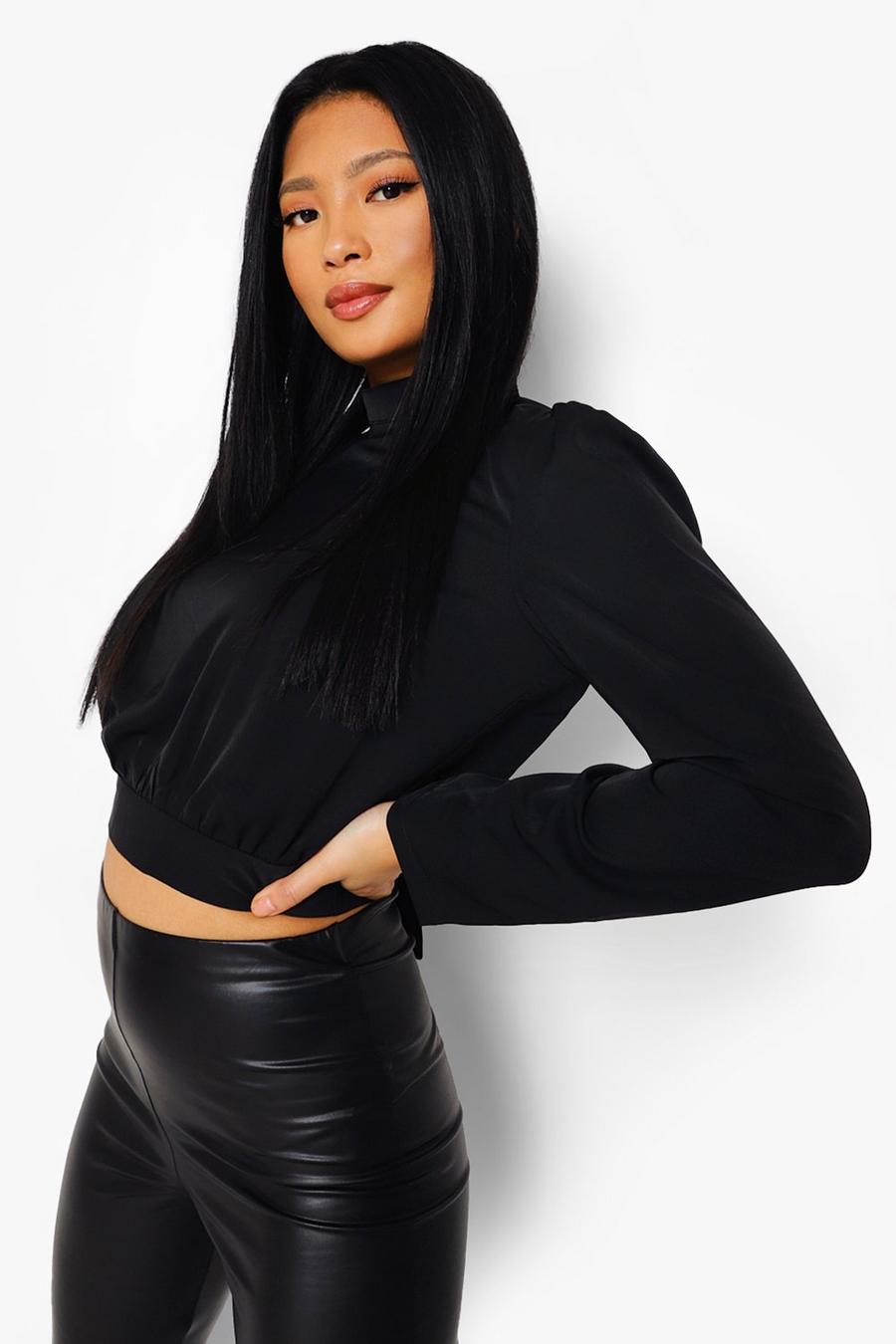Black Petite High Neck Open Back Woven Crop Top image number 1