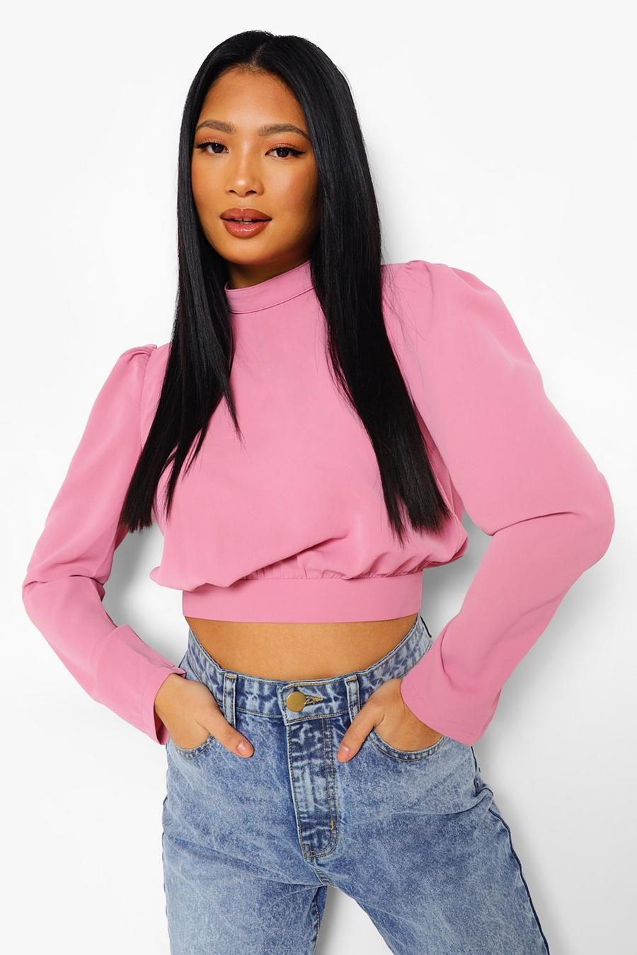Rose Petite High Neck Open Back Woven Crop Top image number 1