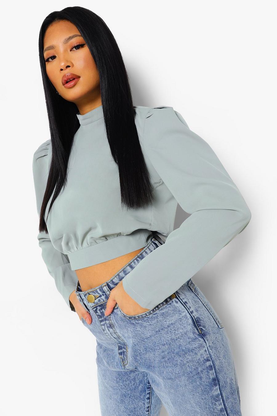 Sage Petite High Neck Open Back Woven Crop Top image number 1