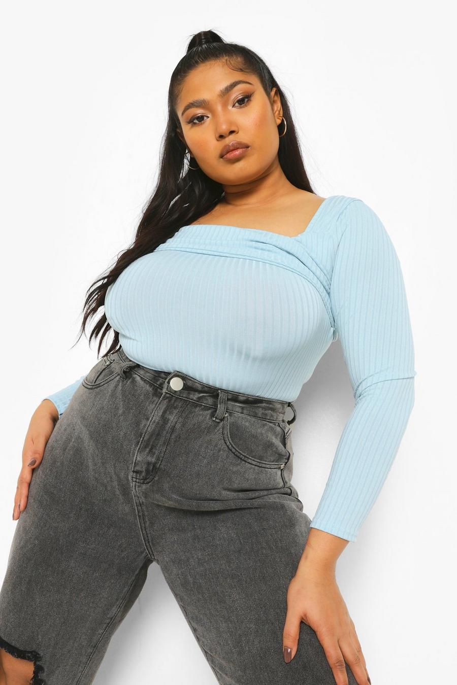 Baby blue Plus Asymmetric Ribbed Top image number 1