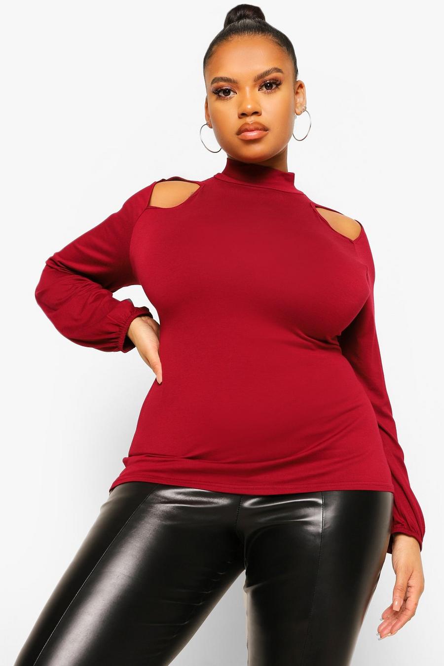Berry Plus High Neck Cut Out Detail Long Sleeve Top image number 1