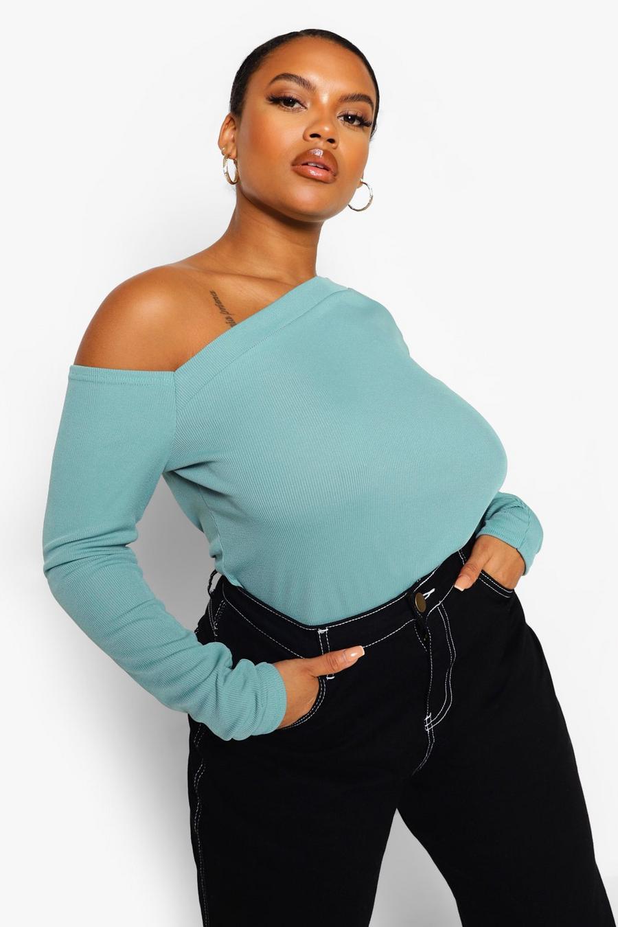 Turquoise Plus - Ribbad one shoulder-topp med asymmetrisk design image number 1