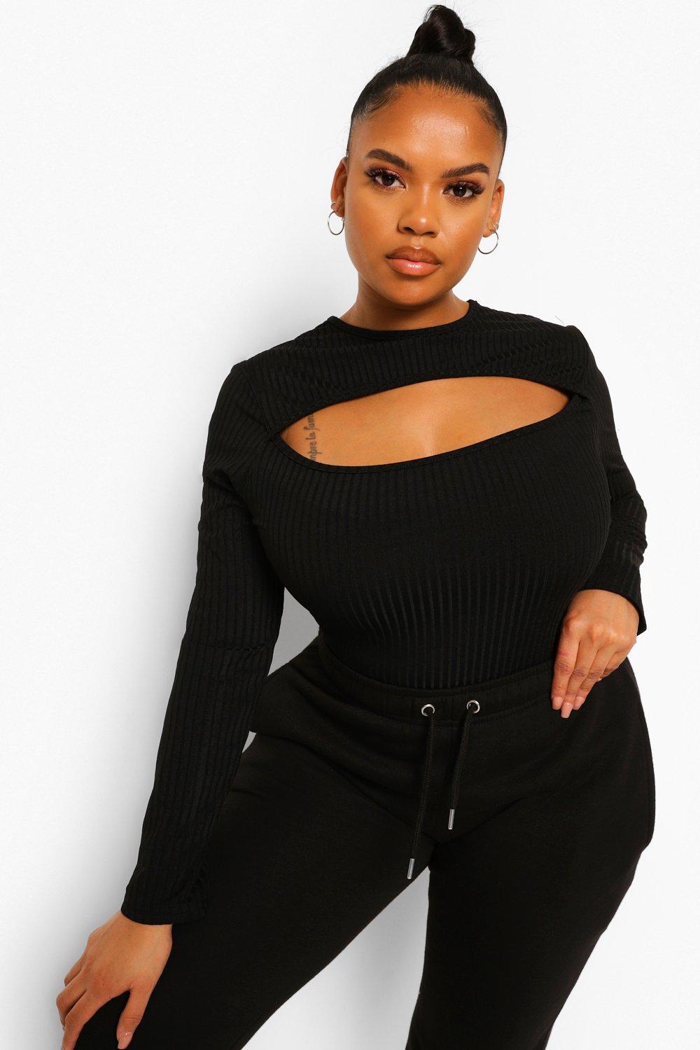 Women's Black Plus Slit Keyhole Ribbed Top