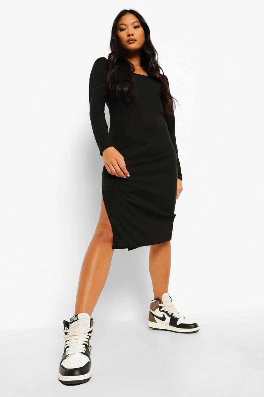 Black Petite - Midiklänning med fyrkantig halsringning och slits image number 1