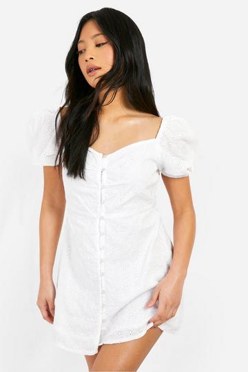 White Petite Broderie Puff Sleeve Dress