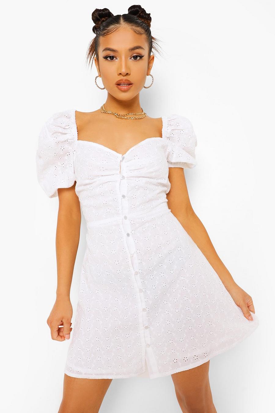 White Petite Broderie Puff Sleeve Dress