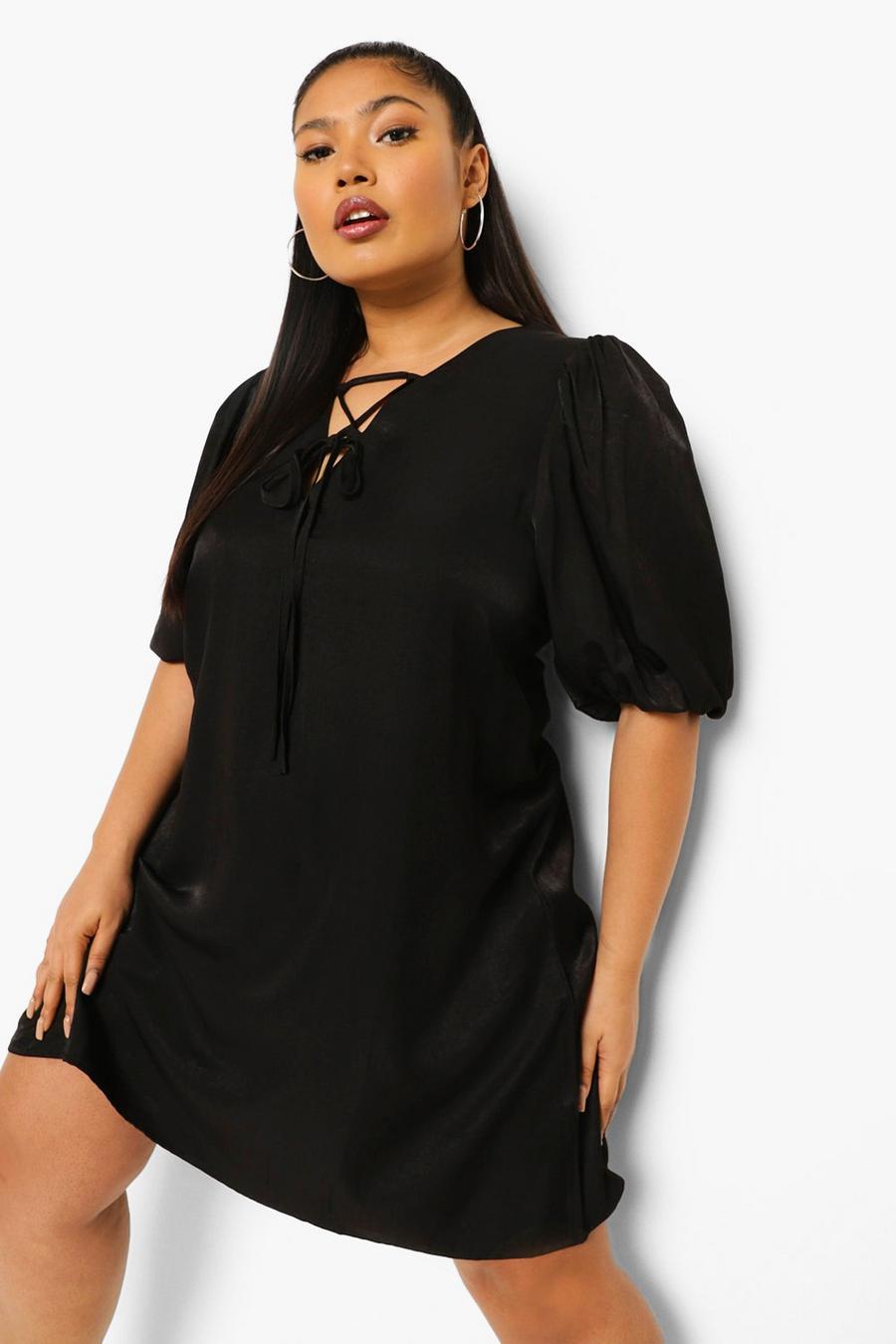 Black Plus Extreme Puff Sleeve Criss Cross Dress image number 1