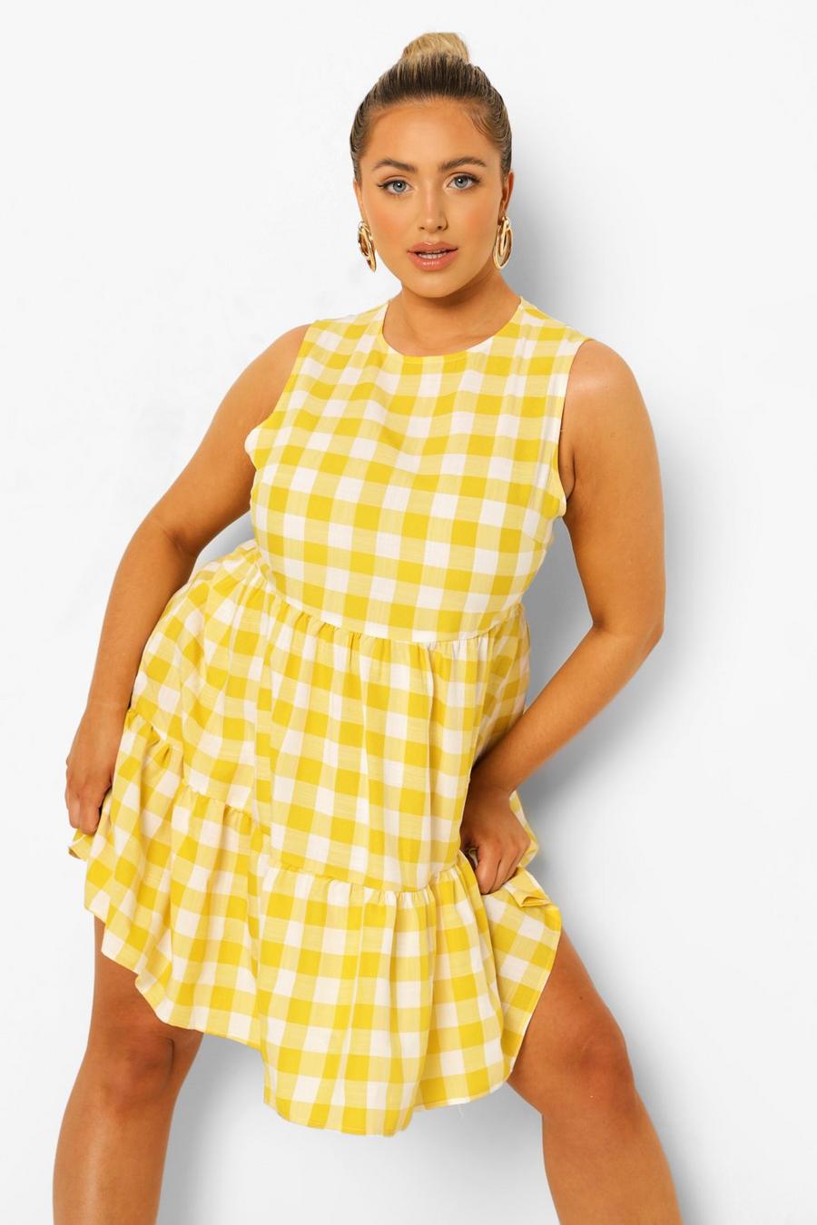 צהוב שמלת סמוק גינגהם ללא שרוולים, למידות גדולות  image number 1
