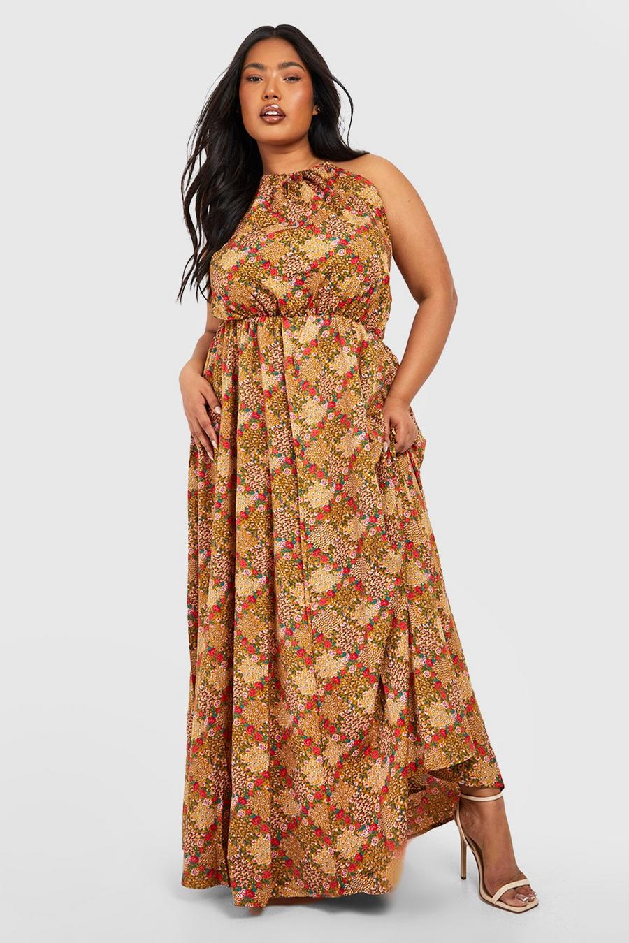 Mustard yellow Plus Floral High Neck Maxi Dress image number 1