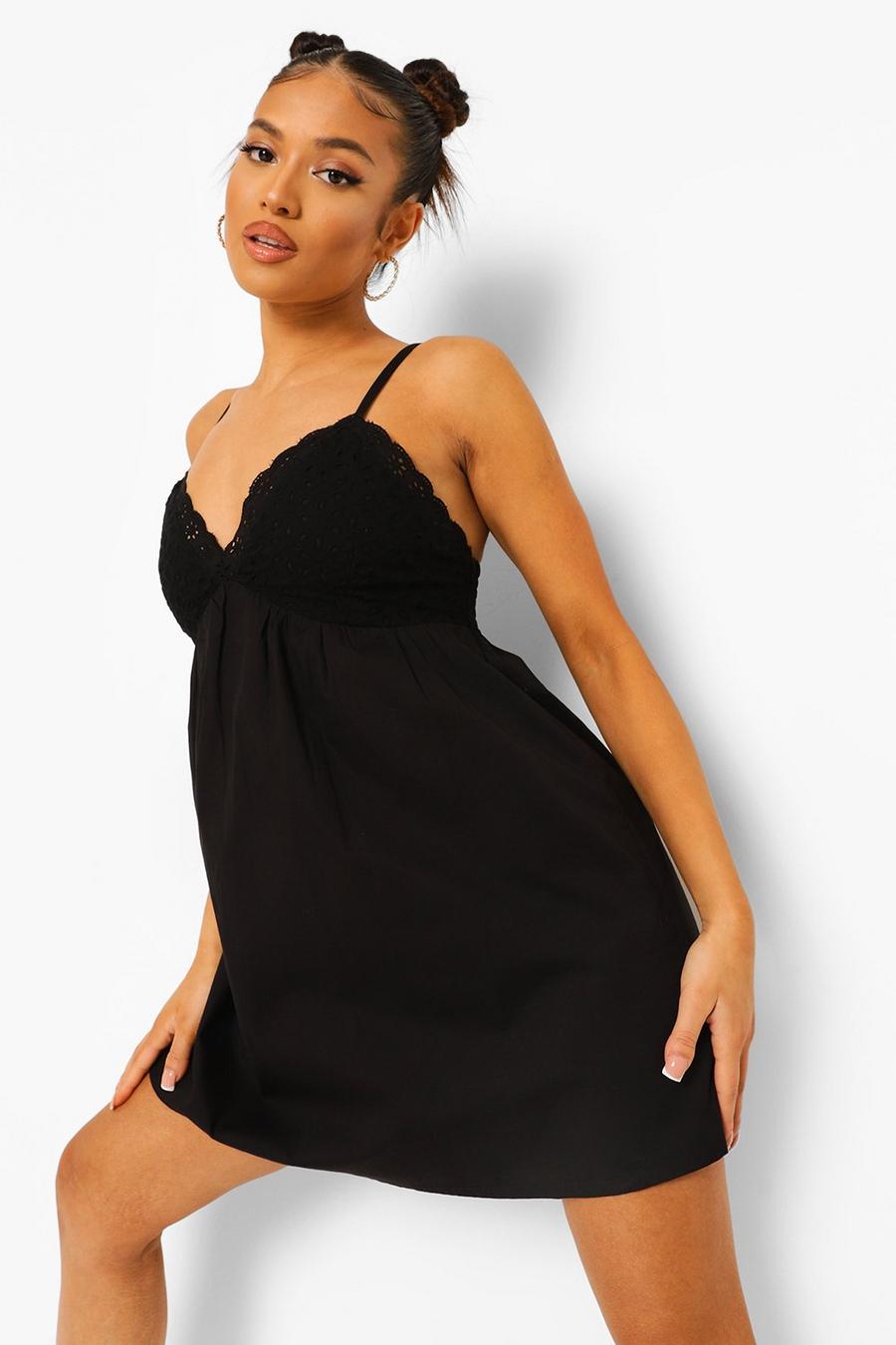 Black Petite Broderie Detail Cami Mini Dress image number 1