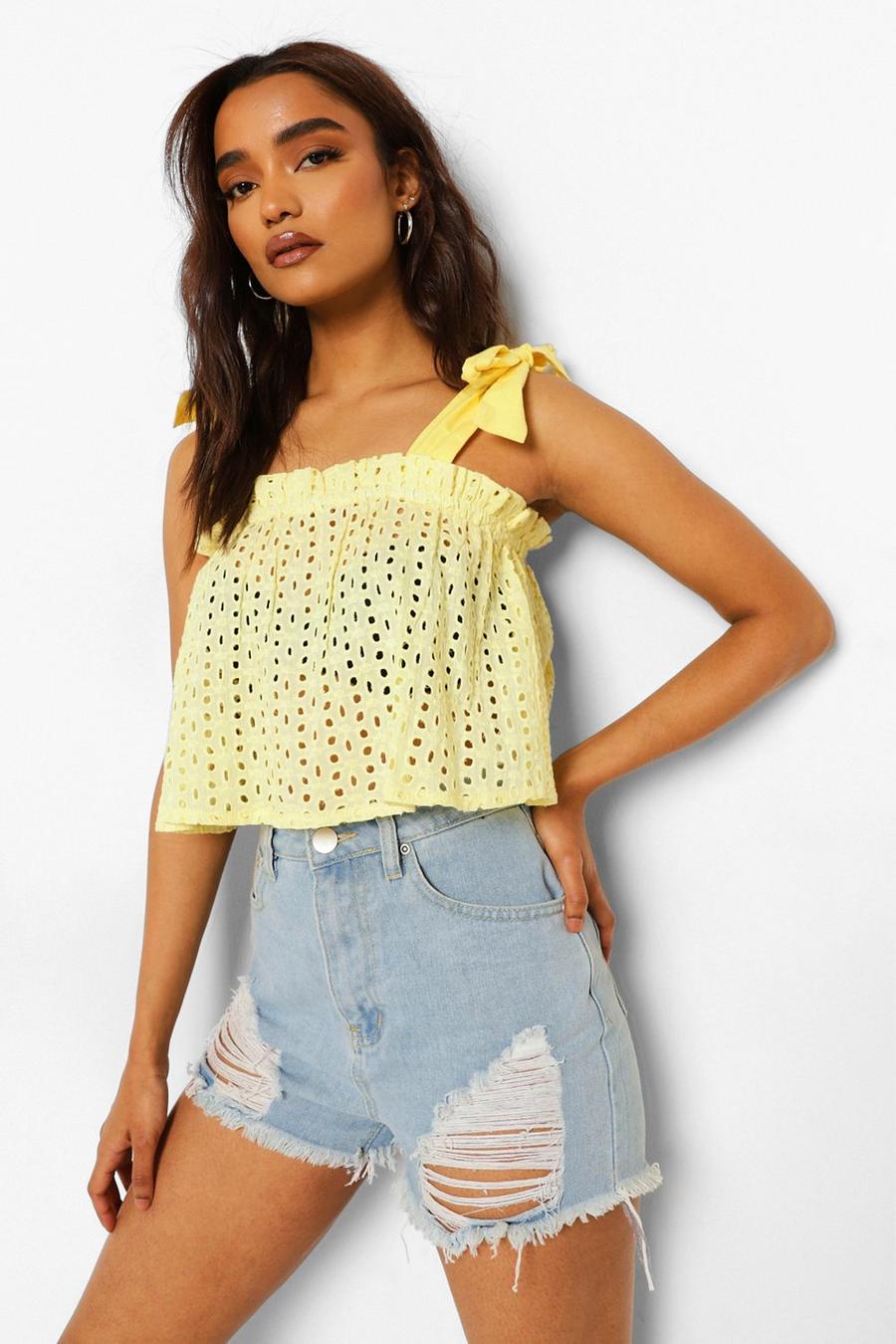 Yellow Petite Eyelet Tie Shoulder Camisole image number 1