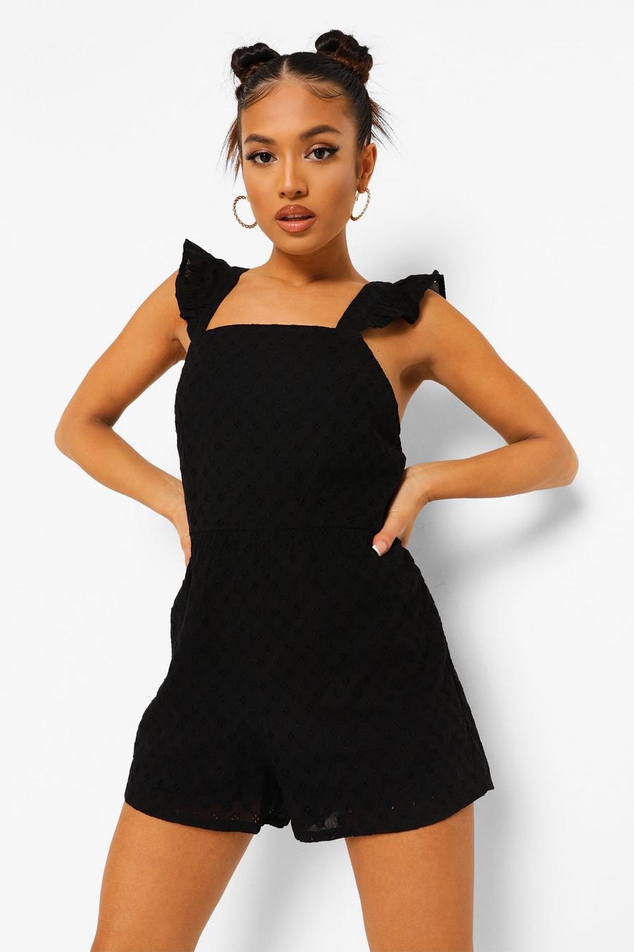 Black Petite Broderie Ruffle Open Back Playsuit image number 1