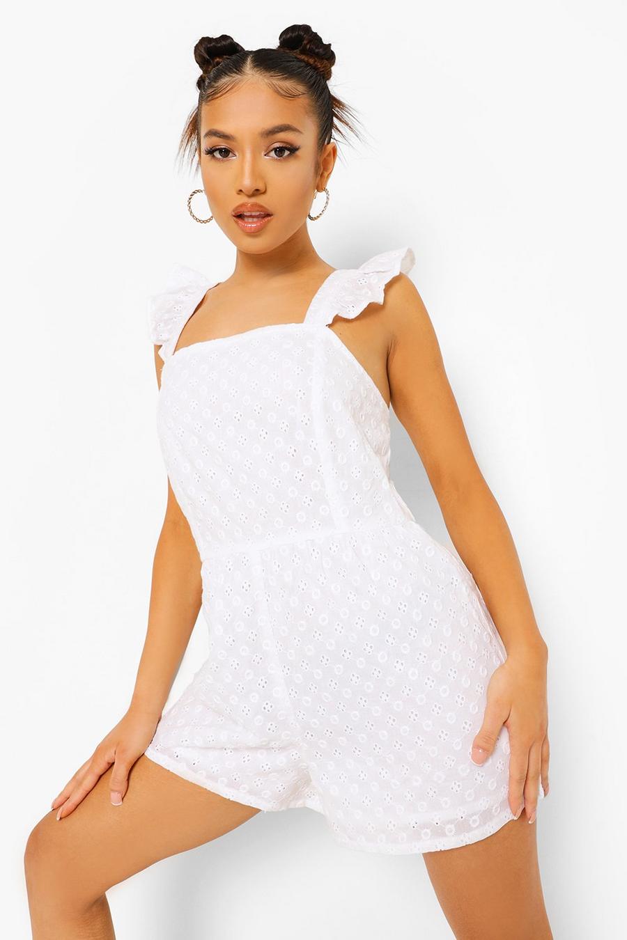White Petite Broderie Ruffle Open Back Playsuit image number 1