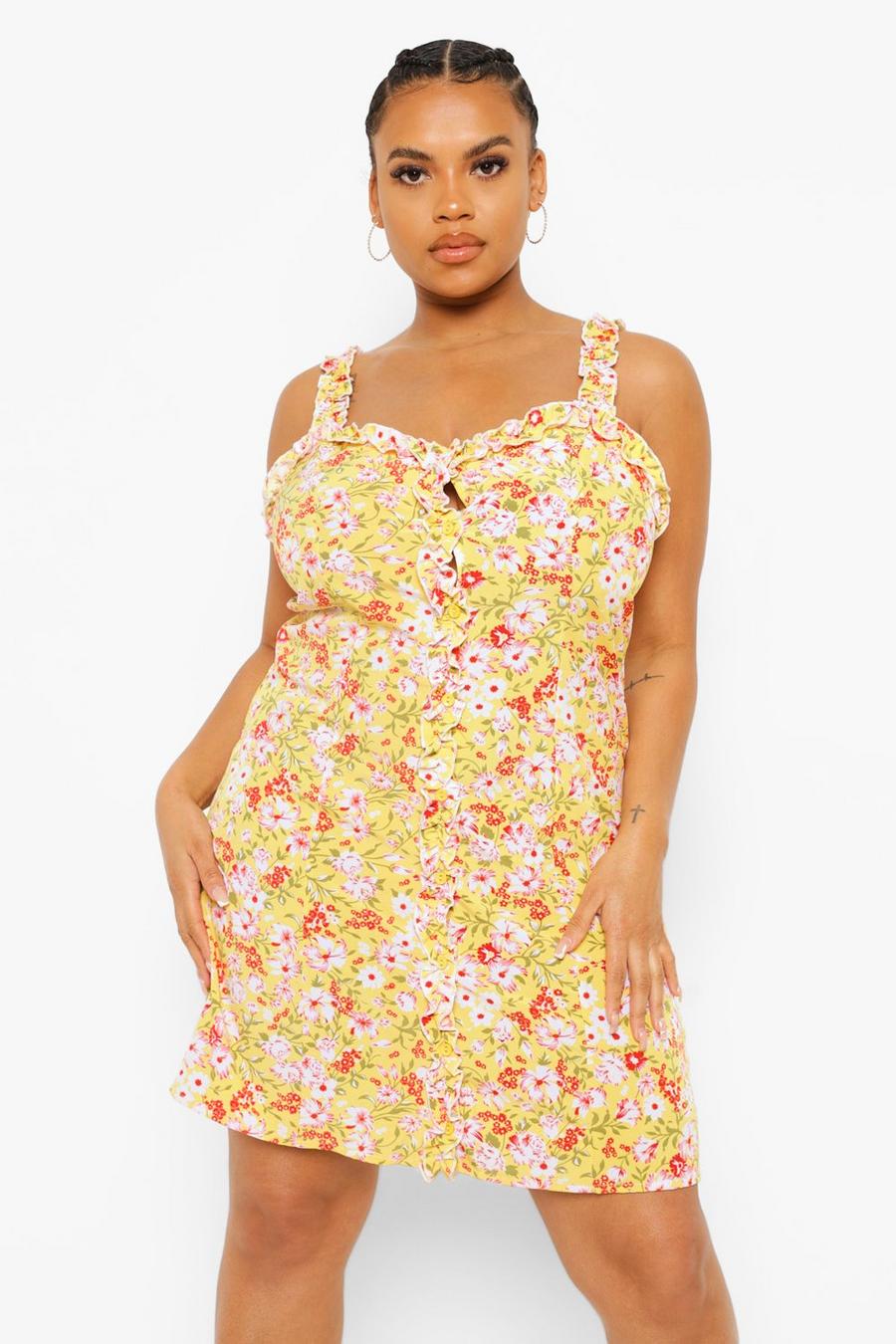 Plus Swing-Kleid mit Blumenmuster und Rüschen , Gelb image number 1