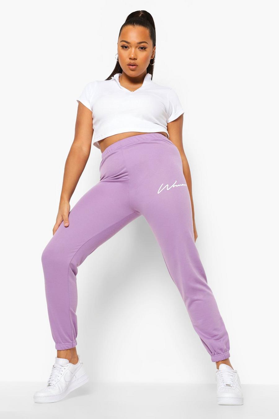 Pantaloni tuta Plus con scritta Woman, Violetto image number 1