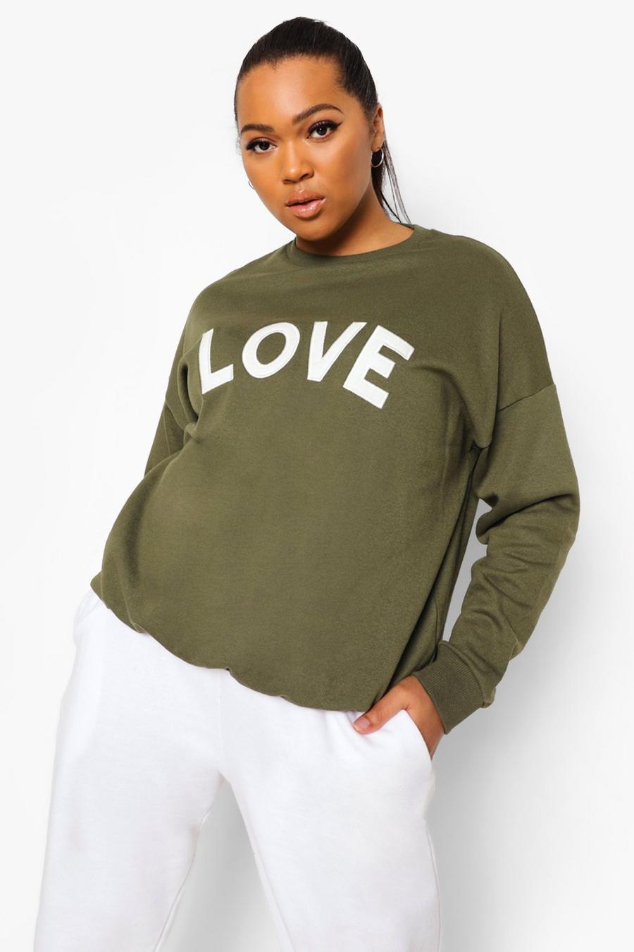 Plus Sweater mit Love-Applikation, Khaki image number 1