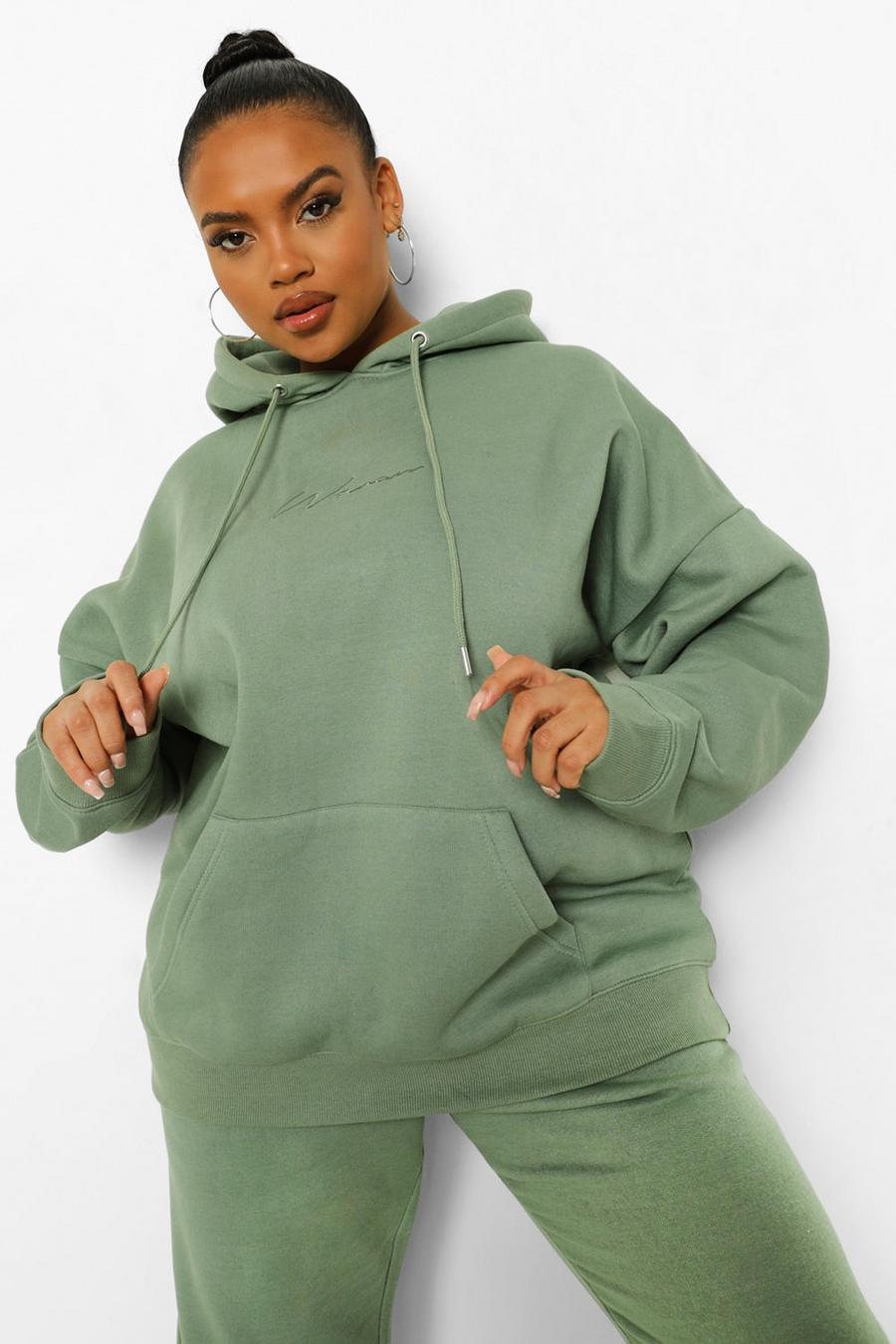 Sage grön Plus - Woman Överfärgad hoodie med brodyr