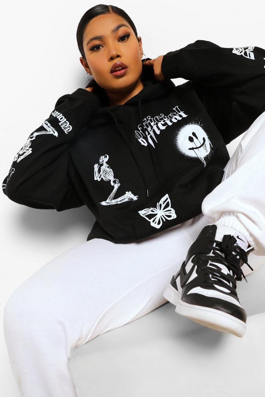 Black svart Plus - Oversize hoodie med graffititryck