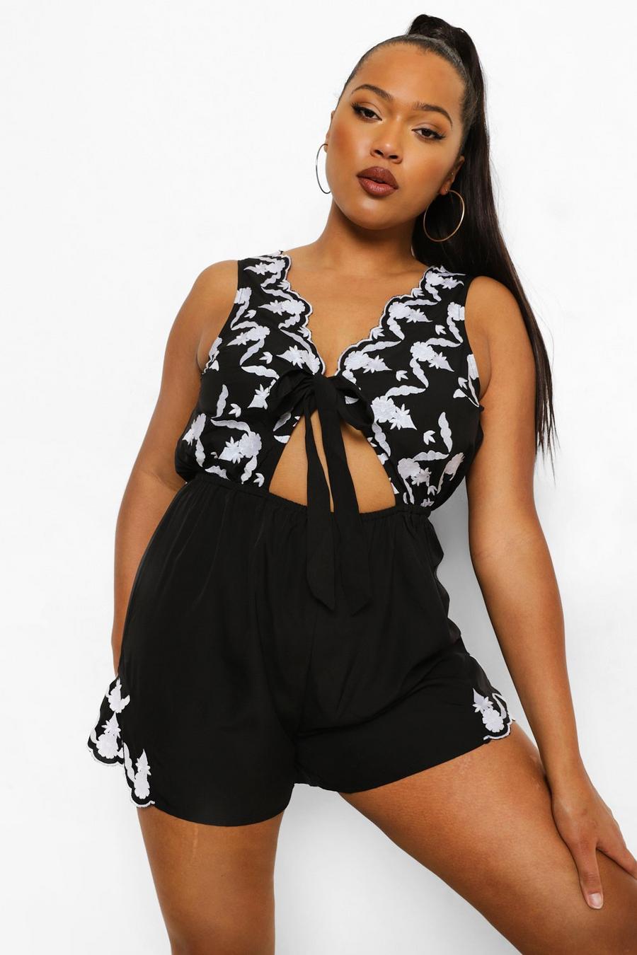 Black Plus Embroidered Tie Front Playsuit image number 1