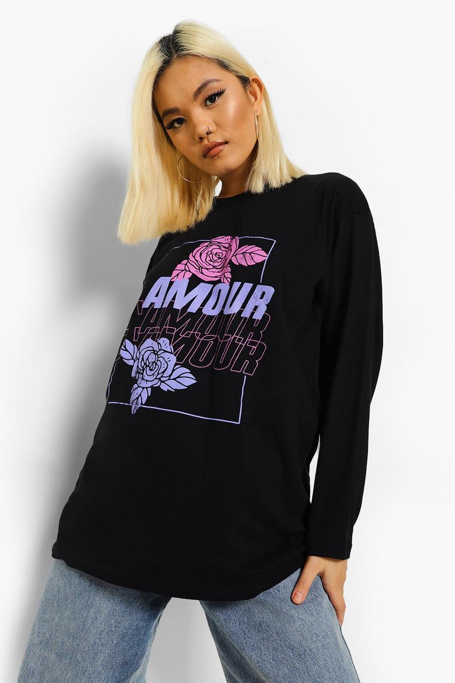 Black Petite - "L'Amour" Långärmad t-shirt med rosor image number 1