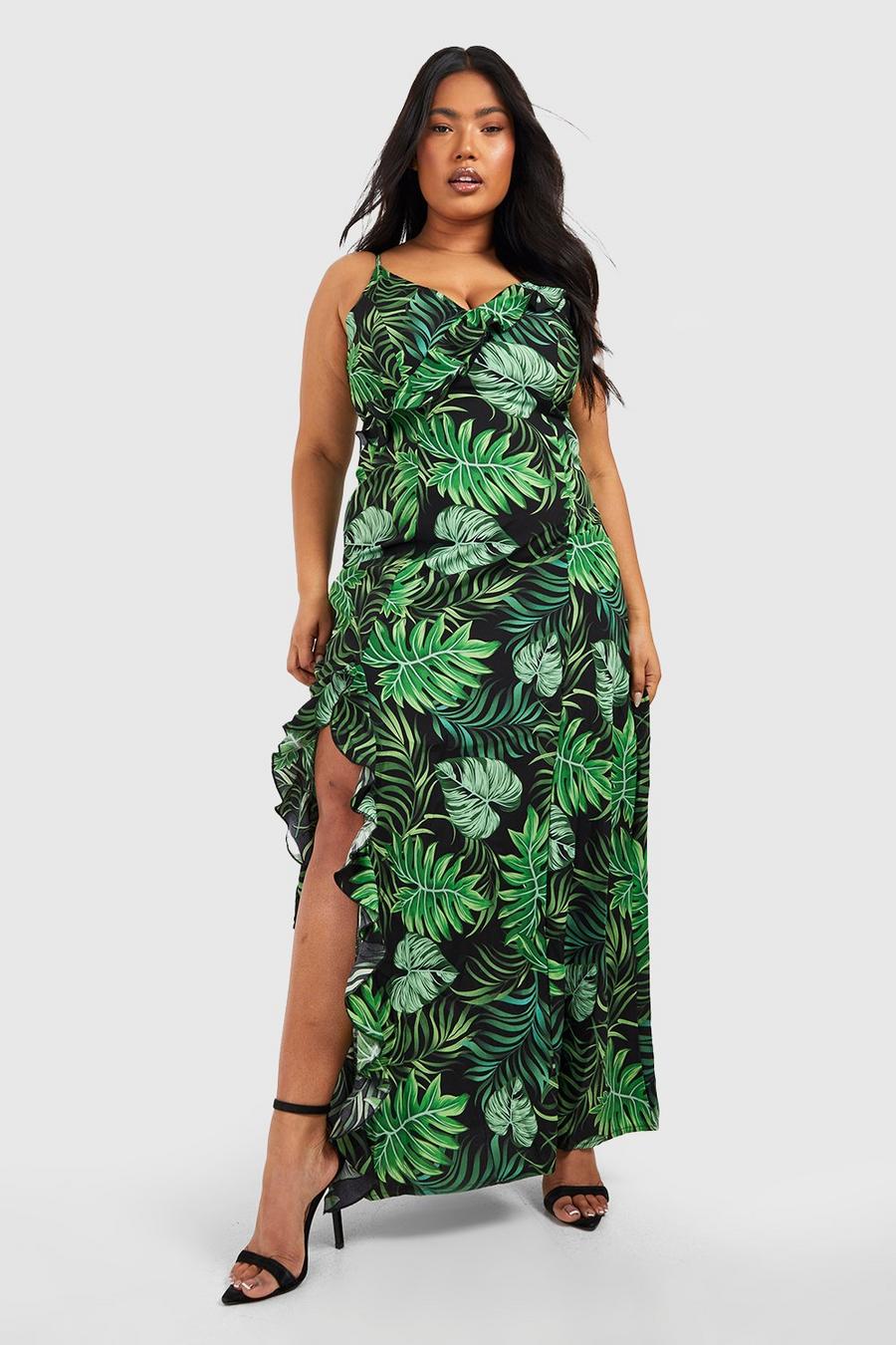 Vestito maxi Plus Size con stampa tropicale, spalline e spacco, Nero