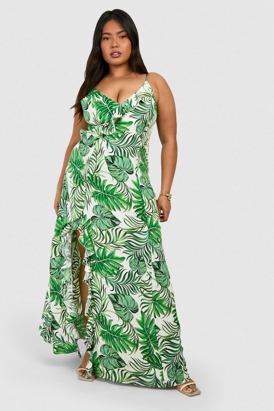 White Plus Hawaiian Print Strappy Split Maxi Dress image number 1