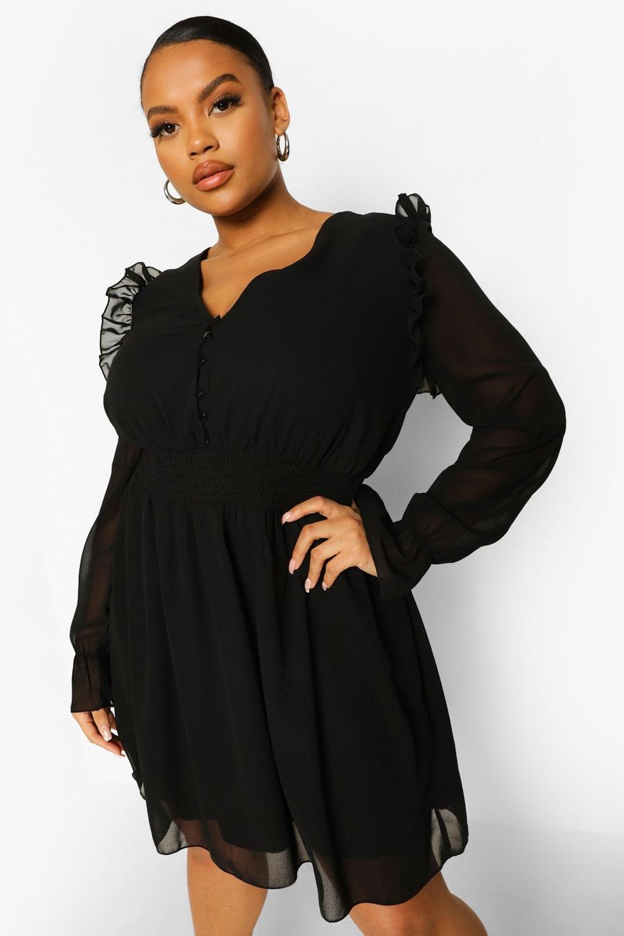 Black Plus Woven Button Front Shirred Smock Dress image number 1