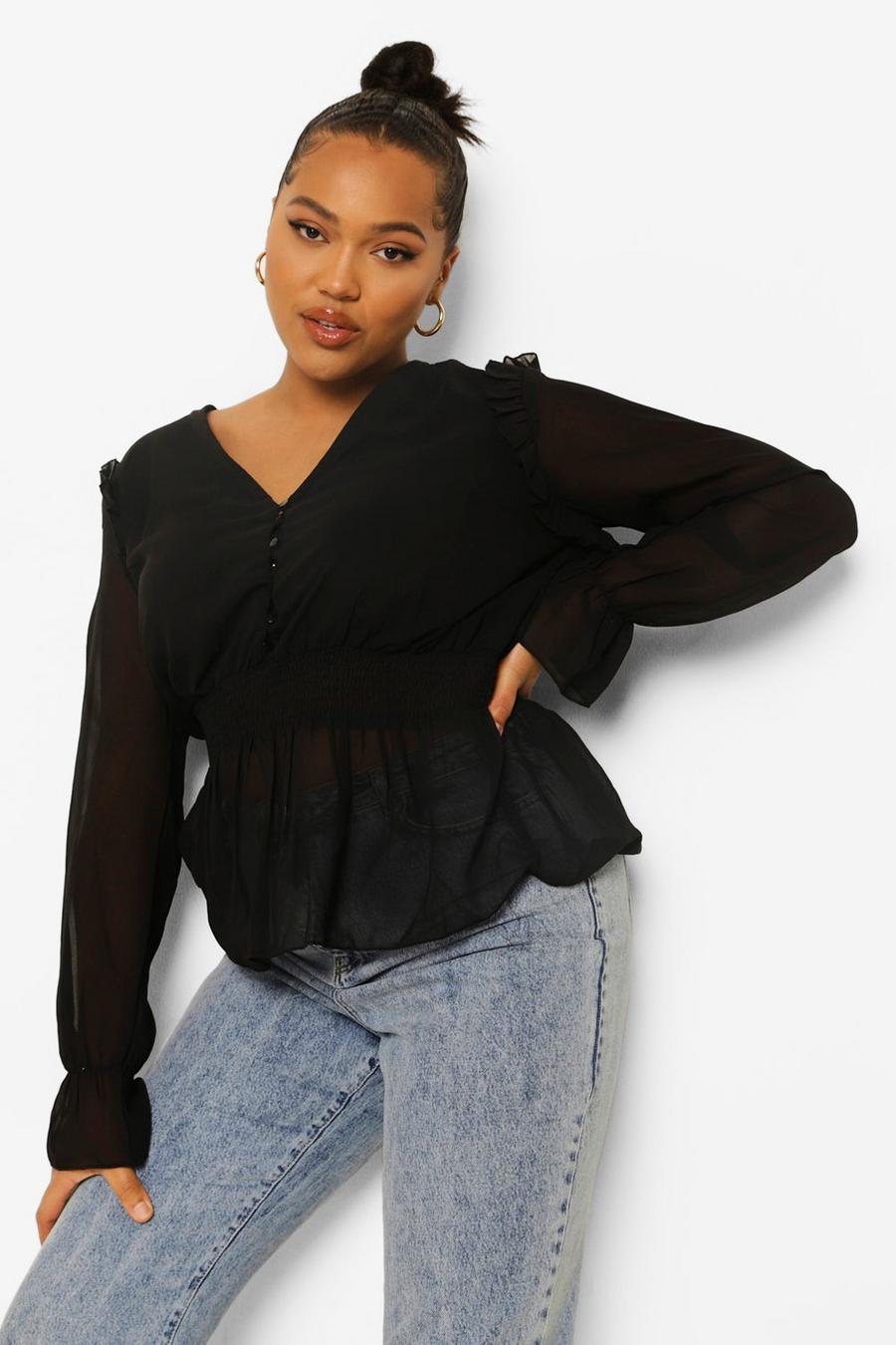 Black Plus Woven Button Front Shirred Waist Blouse image number 1