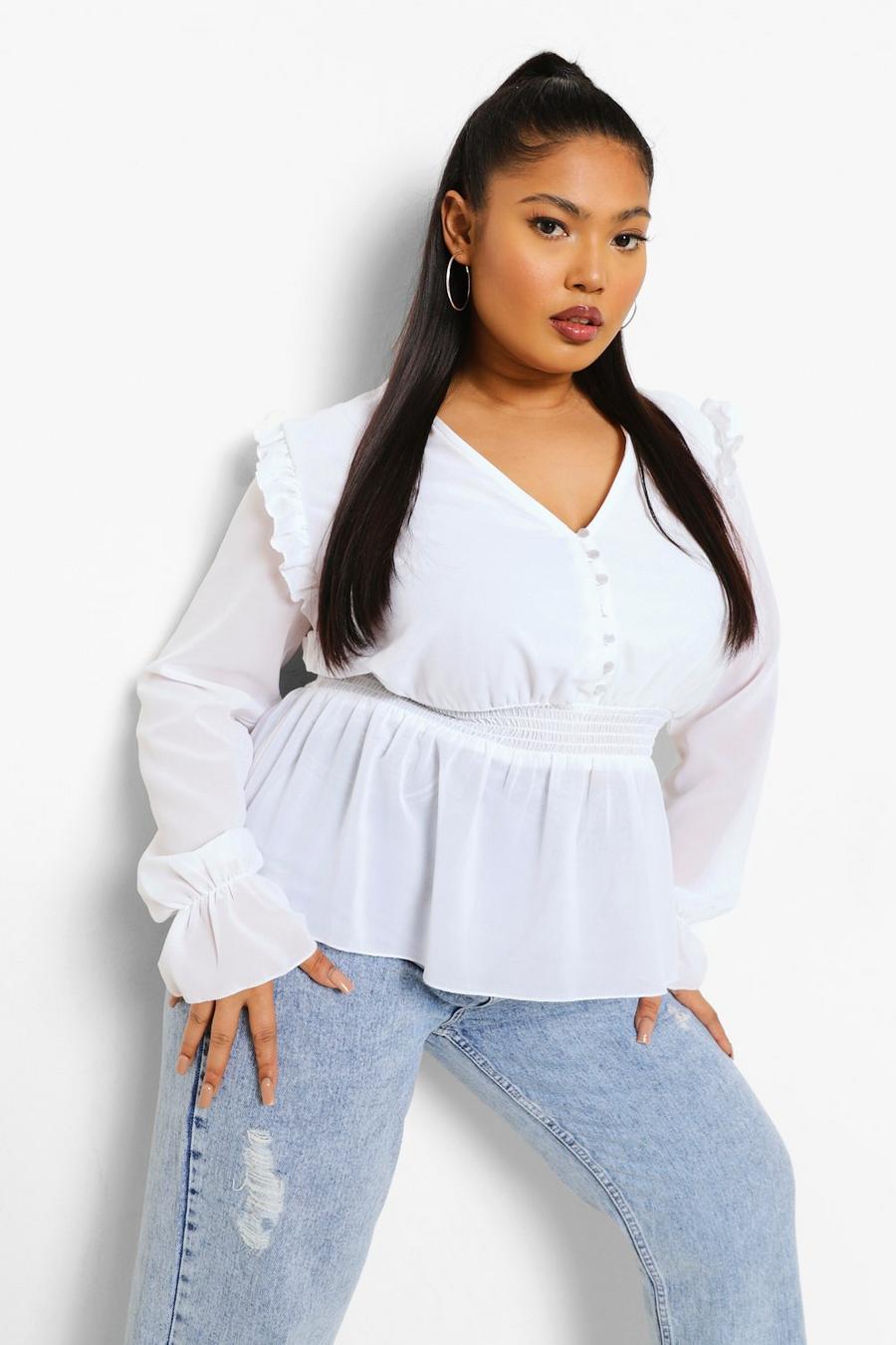 White Plus Woven Button Front Shirred Waist Blouse image number 1