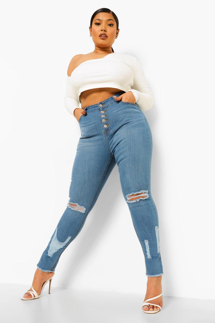 Mid blue Plus - Slitna skinny jeans med power stretch image number 1