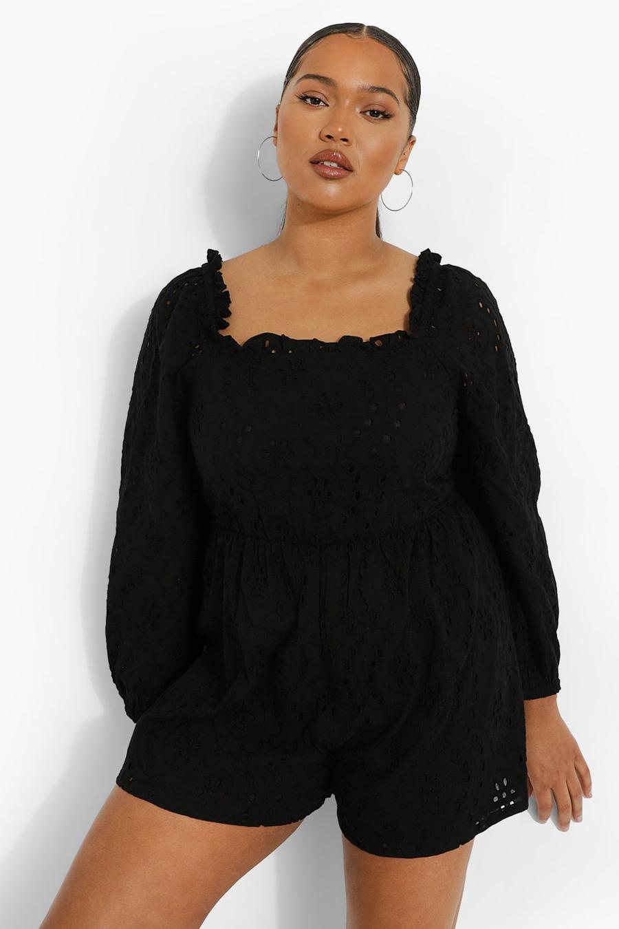 Black Plus Playsuit med broderie anglaise image number 1