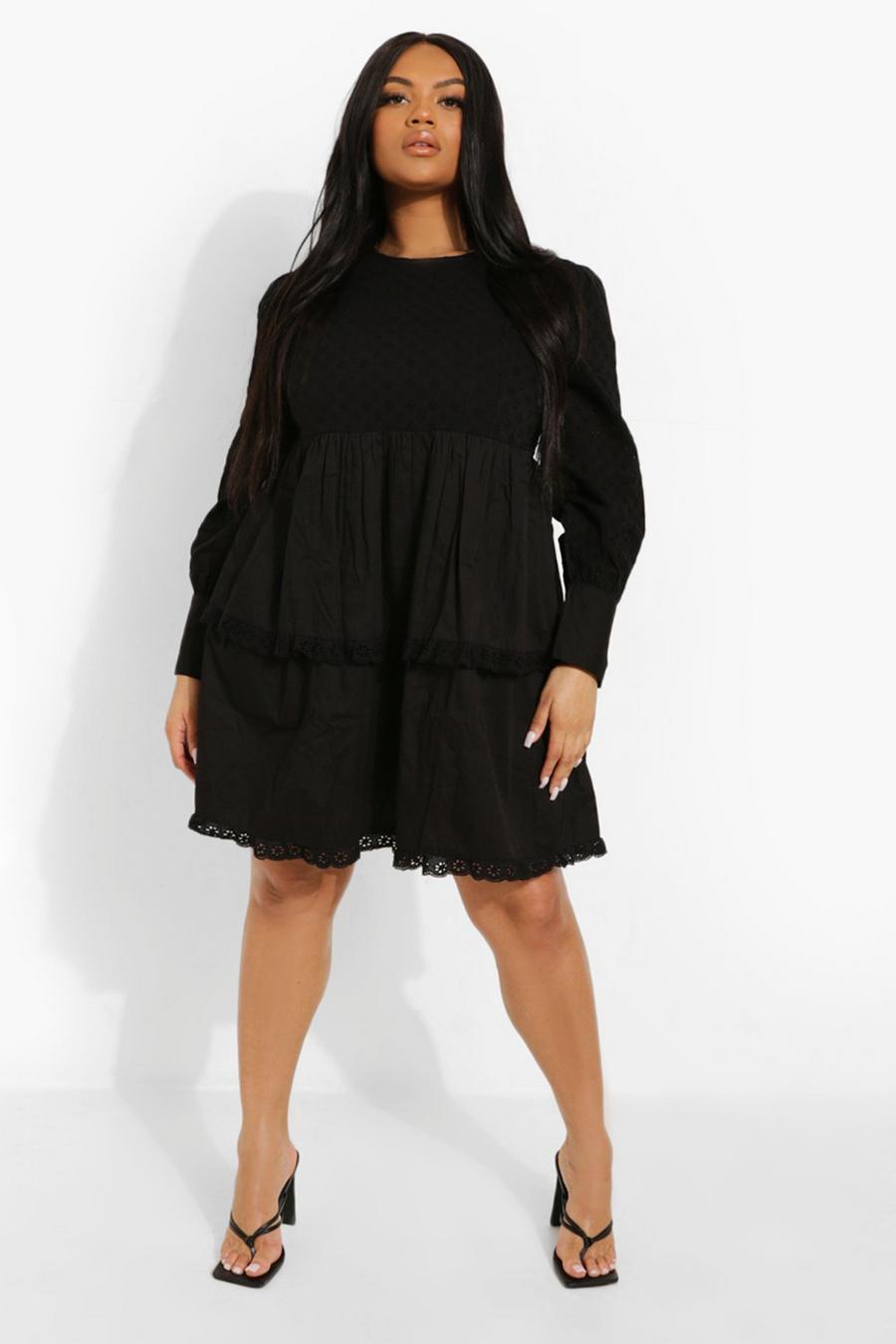 Black Plus Broderie Ruffle Tiered Skater Dress image number 1