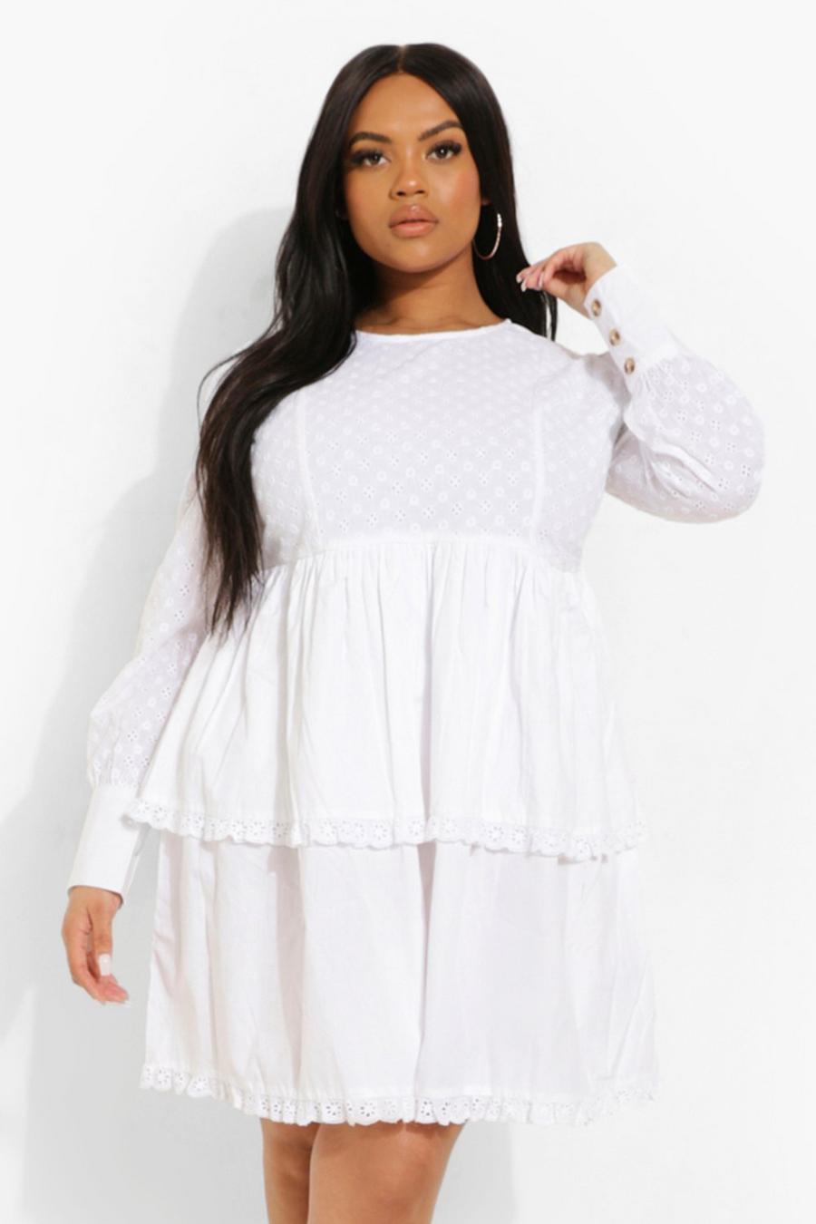 White Plus Broderie Ruffle Tiered Skater Dress image number 1