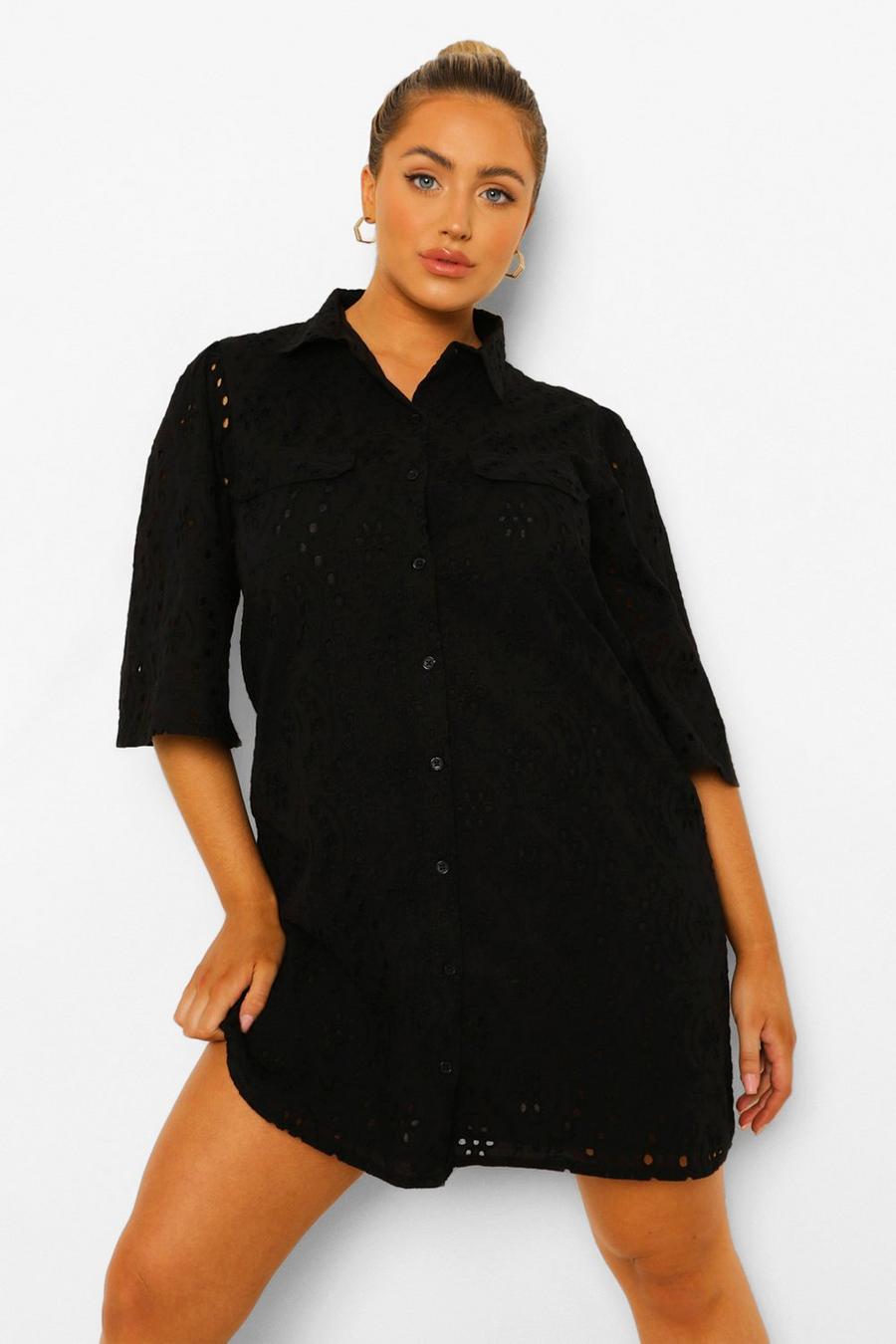Black Plus Broderie Anglaise Shirt Dress image number 1