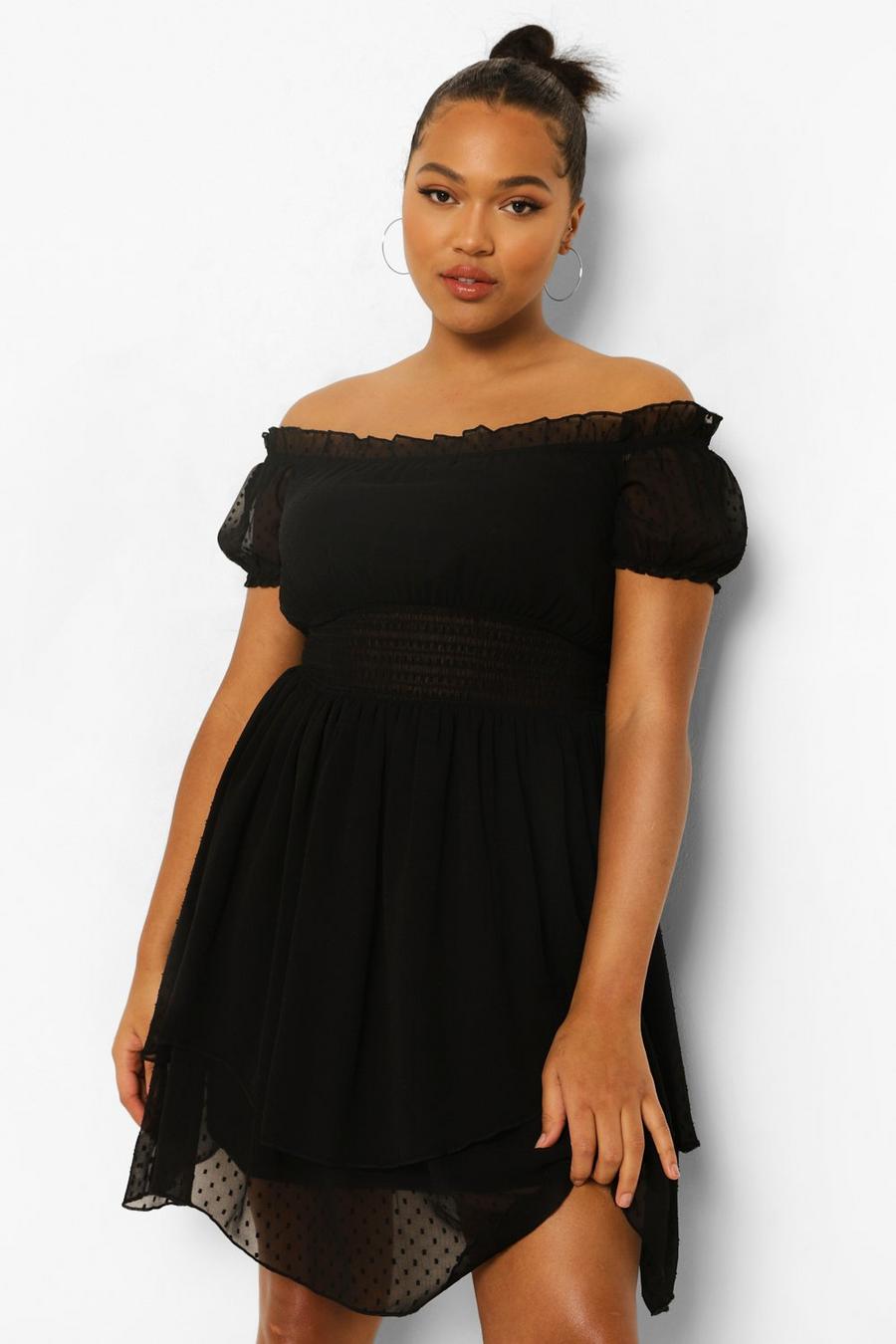 שחור שמלת סקייטר מבד דובי עם כתפיים חשופות למידות גדולות image number 1