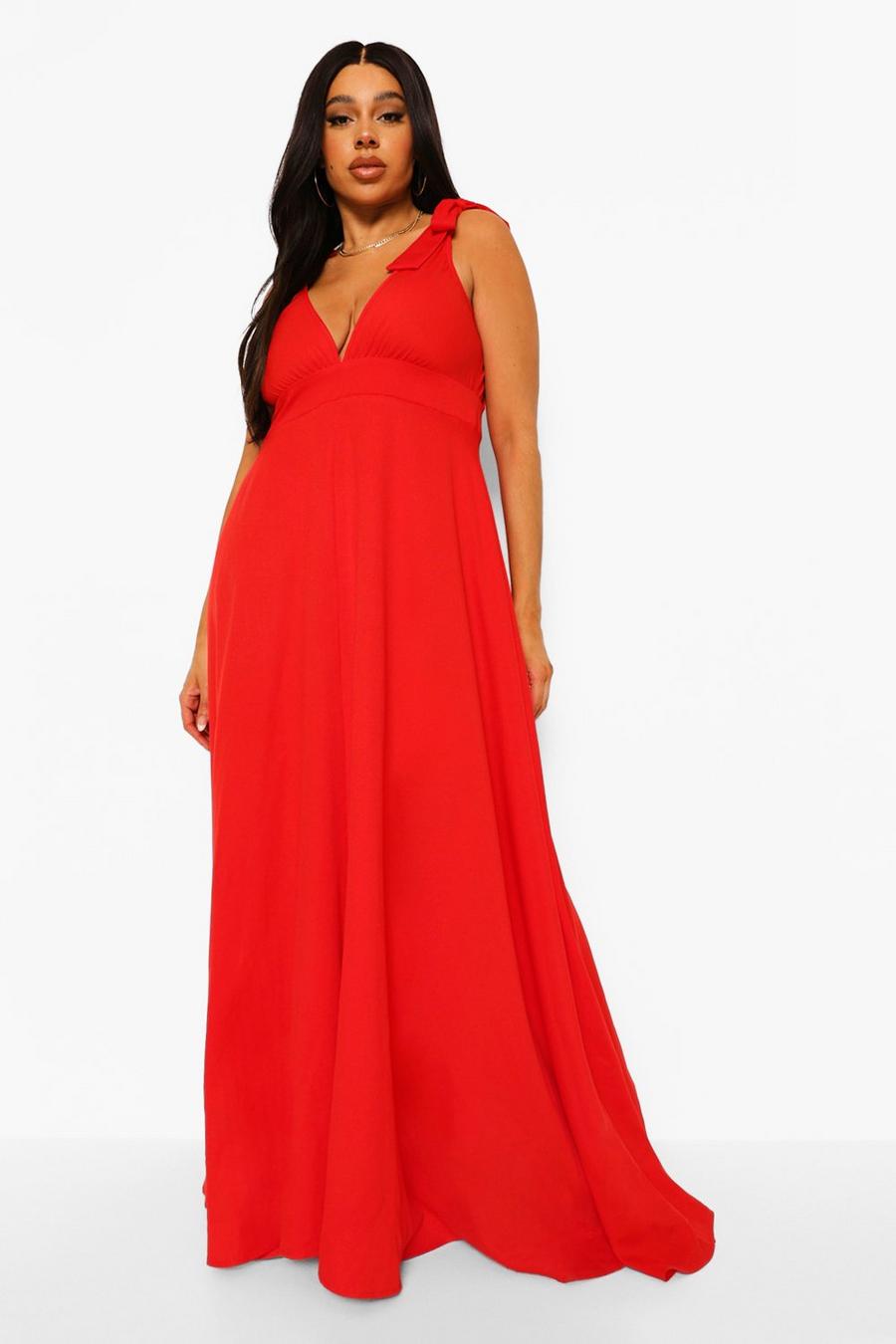 Red Plus Tie Detail Plunge Maxi Dress image number 1