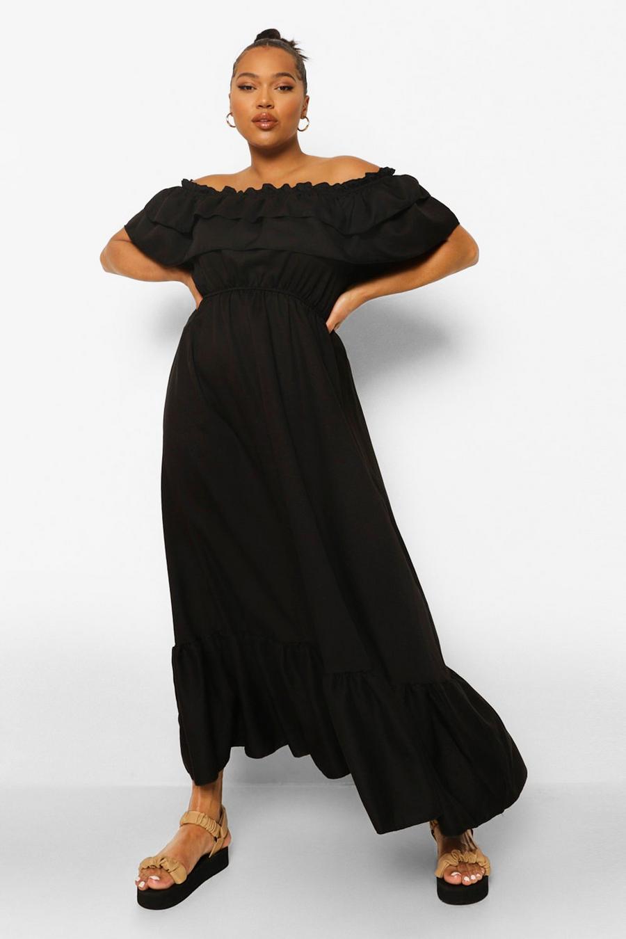 Vestito maxi Plus Size arricciato con scollo Bardot, Black image number 1