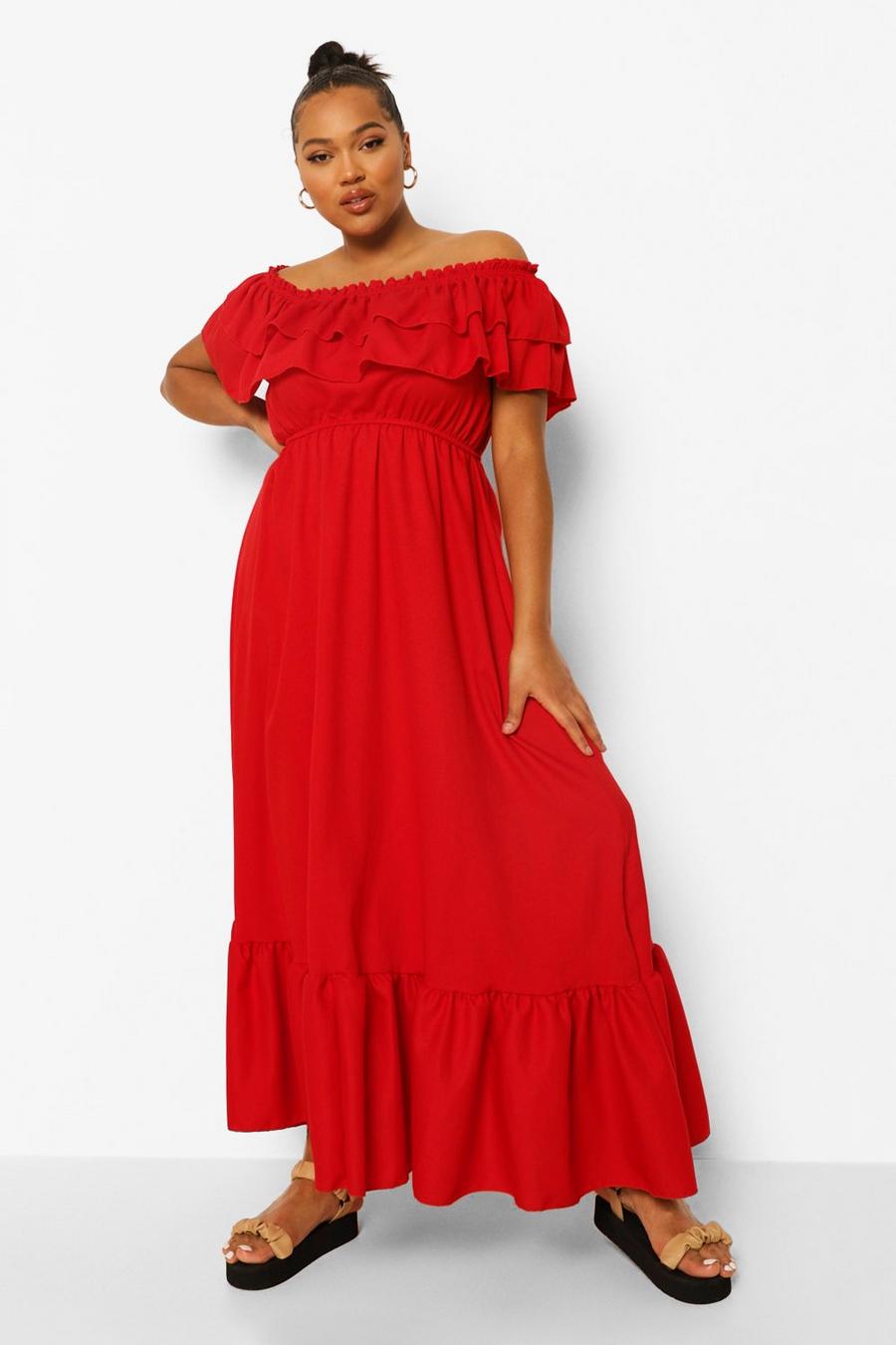 Vestito maxi Plus Size arricciato con scollo Bardot, Rosso image number 1