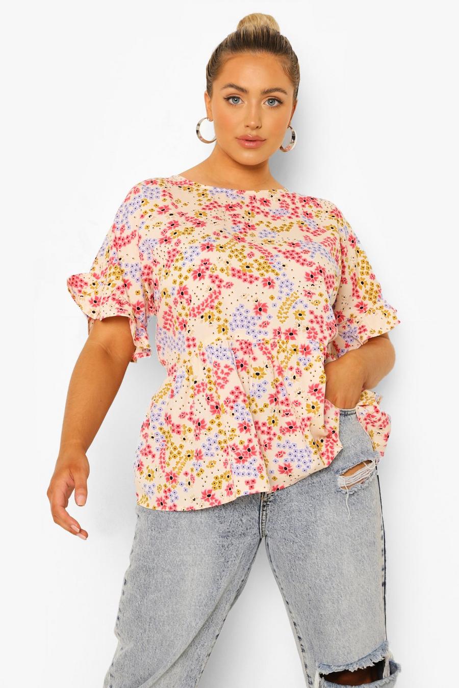 Ivory white Plus Ditsy Floral Cross Back Smock Top
