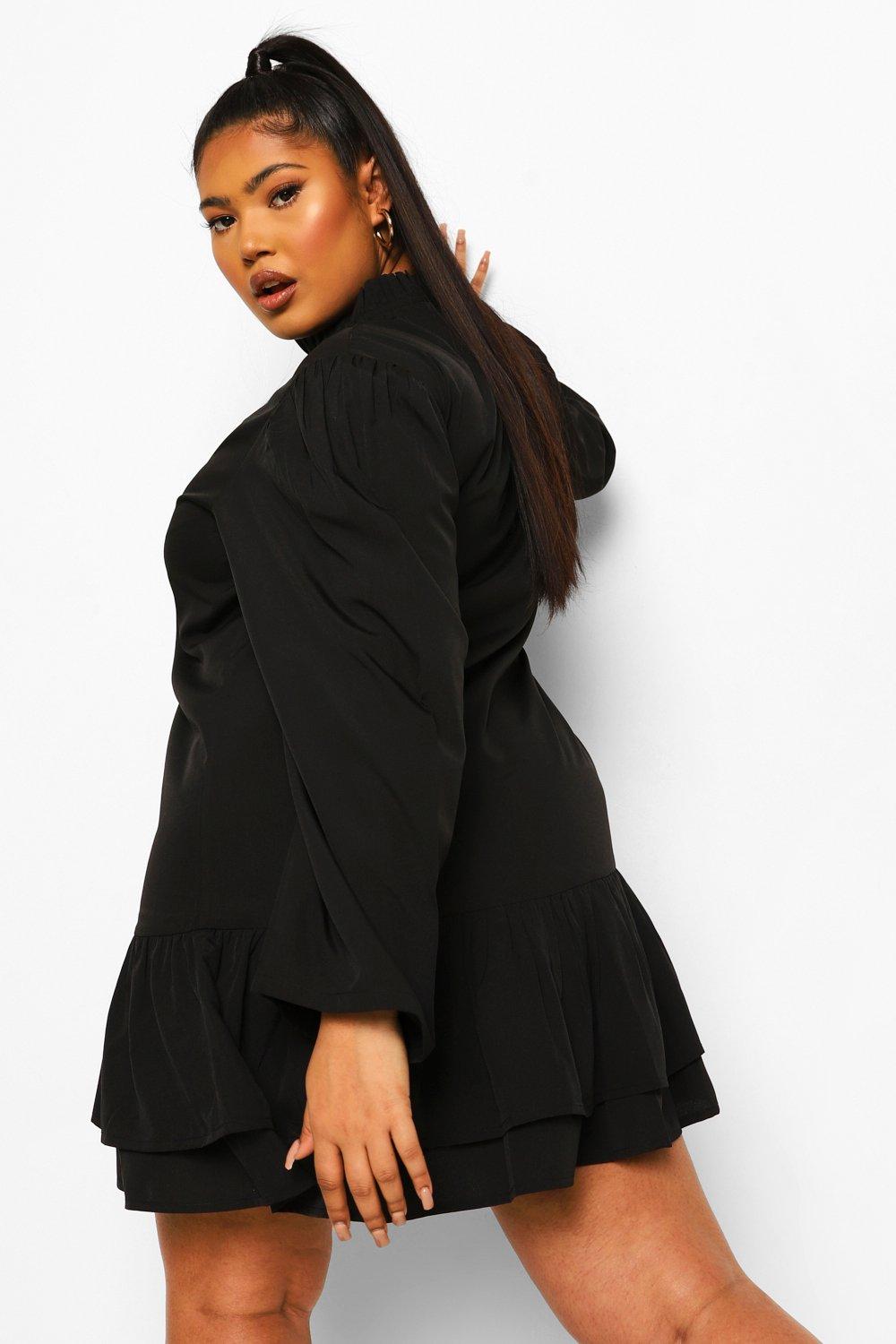 Black long sleeve outlet frill hem shift dress