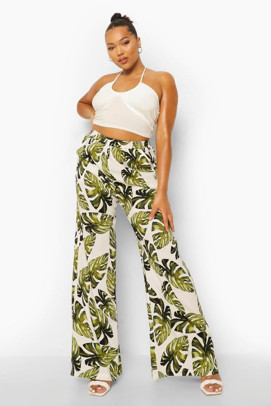 White Plus Palm Print Wide Leg Trousers image number 1
