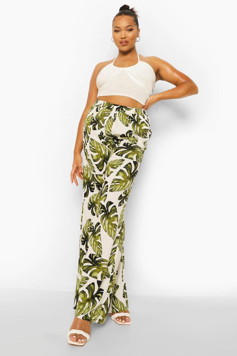 Plus Palm Print Wide Leg Pants