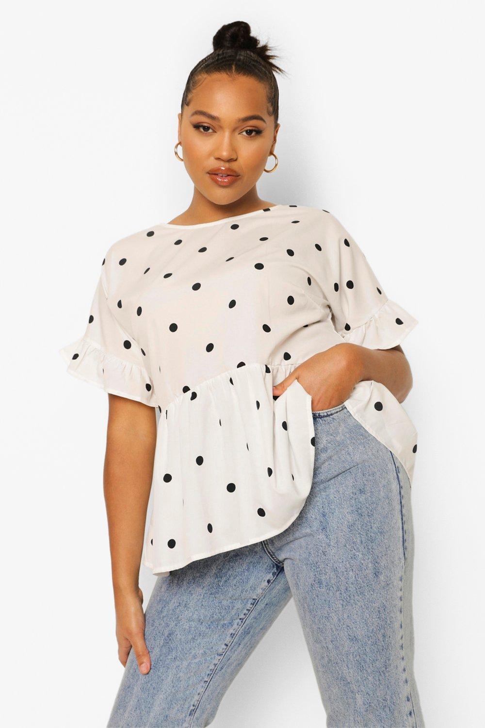 Women's White Plus Woven Cross Back Polka Dot Smock Top | Boohoo UK
