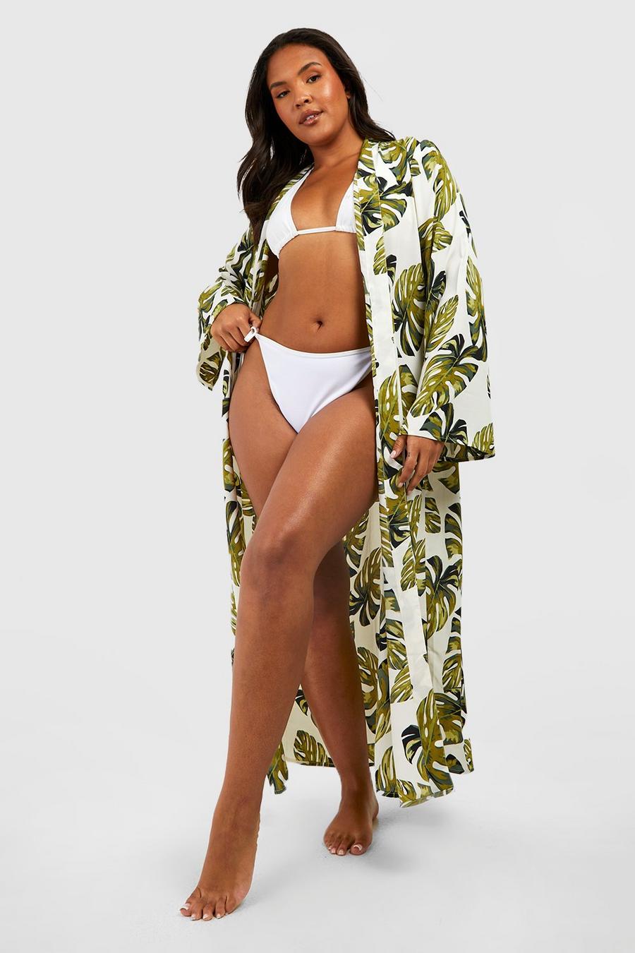Kimono Plus Size con stampa di palme, Bianco image number 1