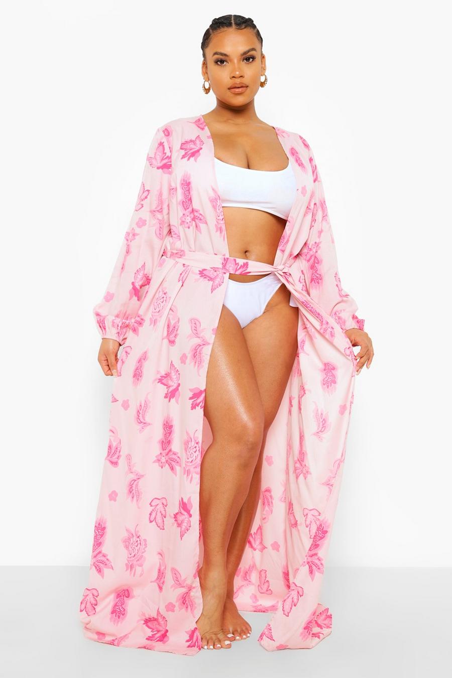 Plus Strand-Kimono mit Paisley-Print, Rosa pink
