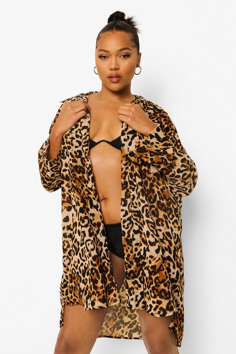 Camisa de playa con estampado de leopardo Plus, Marrón image number 1