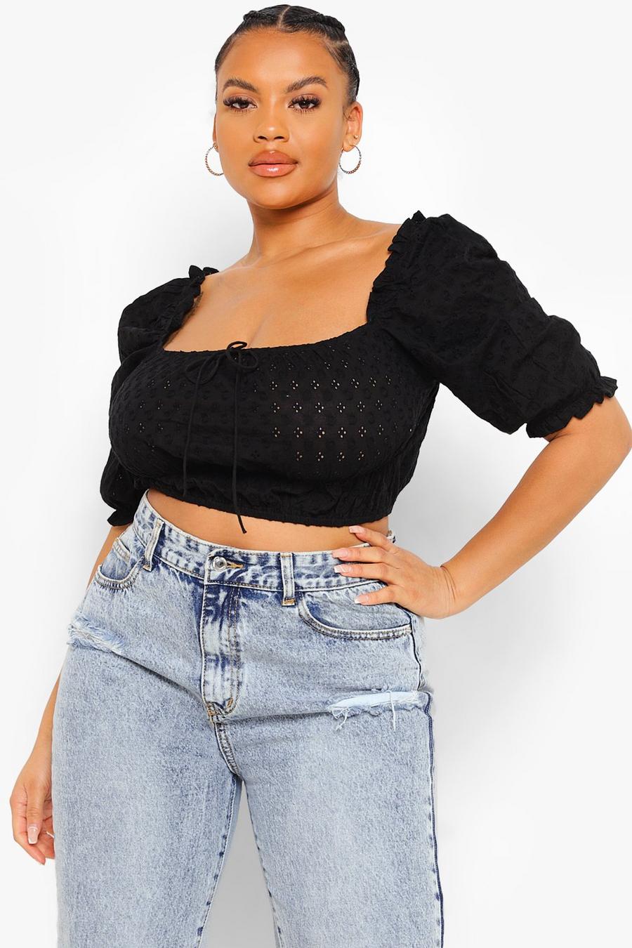 Black Plus Broderie Anglaise Puff Sleeve Crop Top image number 1