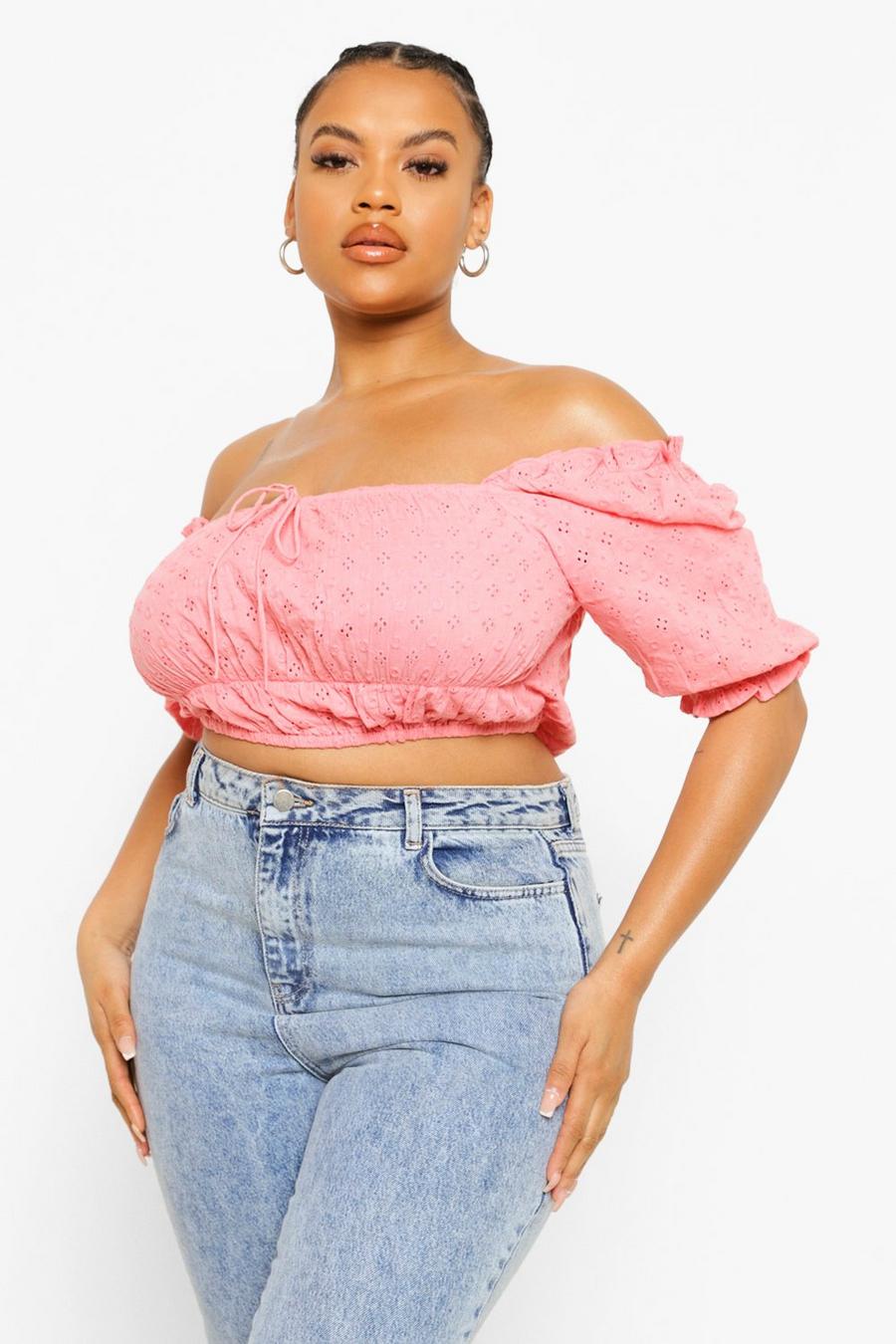 Candy pink Plus Broderie Anglaise Crop Top Met Pofmouwen image number 1